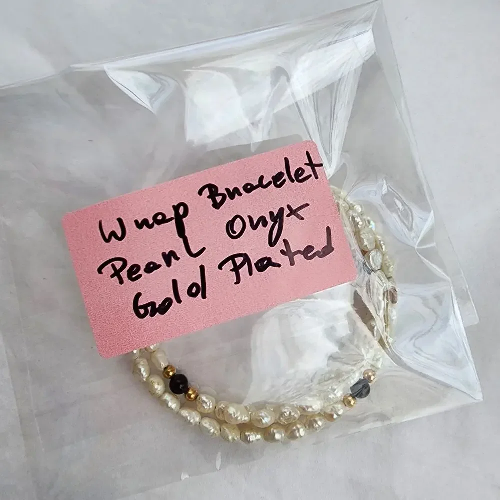 Wrap around bracelet genuine‎ rice pearls white  Onyx gold beaded boho artisan